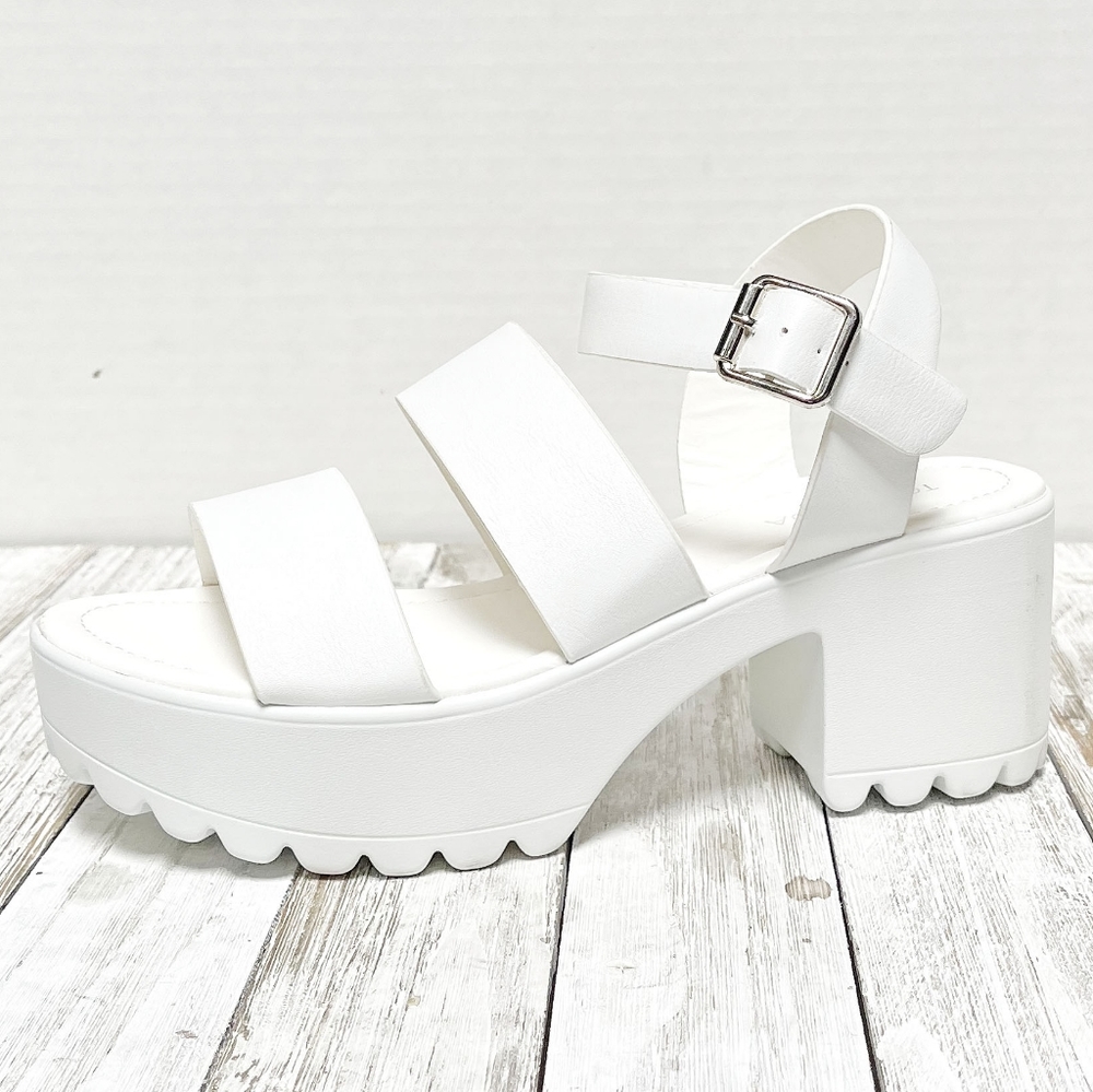 New White Tri Band Platform Chunky Heel Sandals